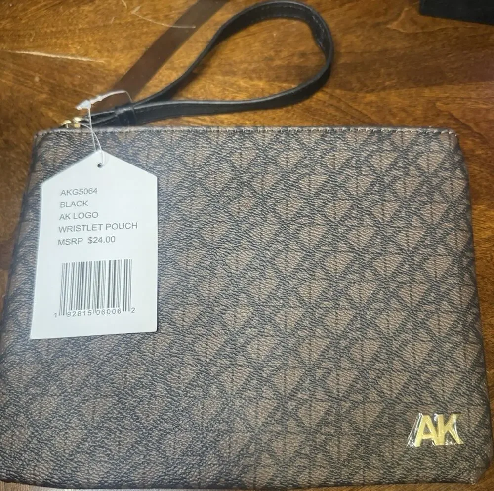 Anne Klein Black/Brown Logo Wristlet Pouch Clutch Wristlet for Women